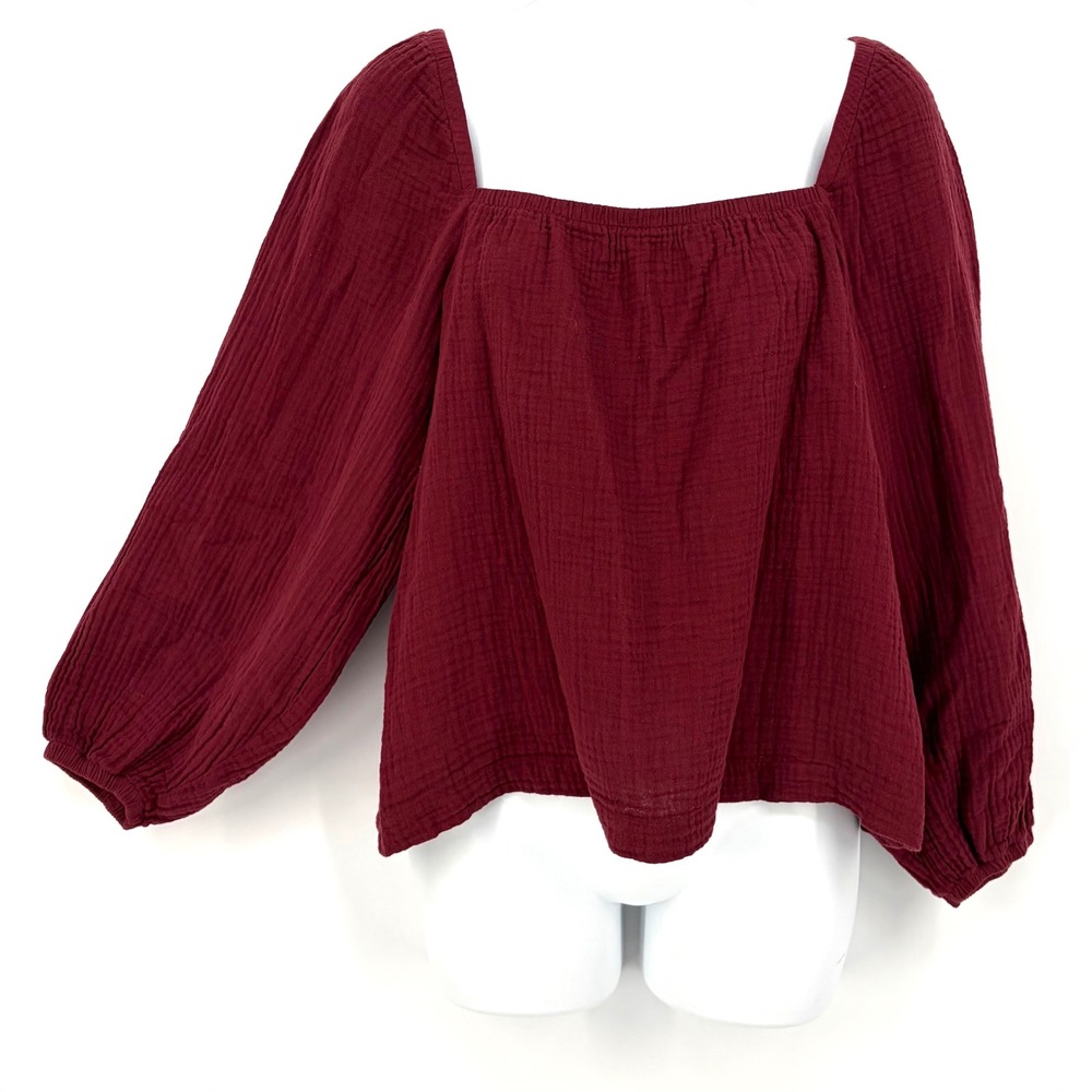 Cloth & Stone Blouse S Burgundy Cotton Gauze Puff Sleeve Boho Romantic Ren Fair